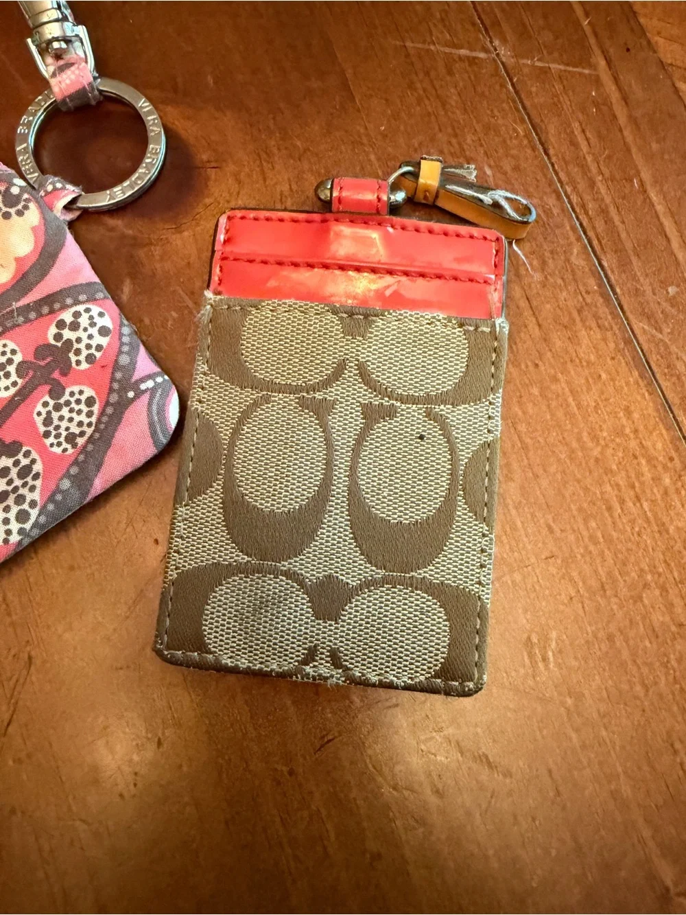 Coach Tan Signature Card Holder with Coral Trim